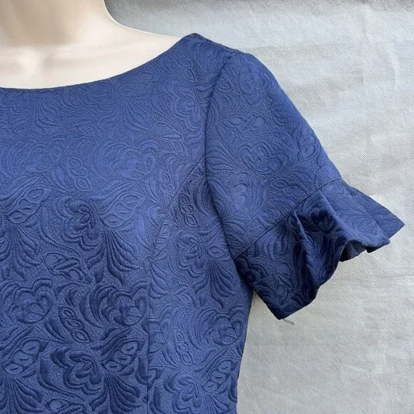 Talbots Size 10 Navy Blue Jacquard Brocade Ruffle Sleeve Sheath Dress Classic - Picture 6 of 8
